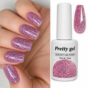 Гел Лак Pretty 506 Розов брокат със сини частици, 15 мл – блестящ розов нюанс с наситен глитър ефект за маникюр