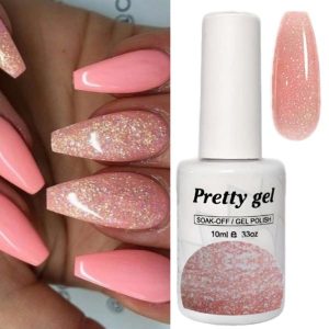 Гел Лак Pretty 613 „Розово шампанско“, 15 мл – розов гел лак с фин златист блясък