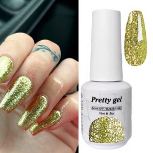 Гел Лак Pretty 583 „Жълто злато“, 15 мл – жълто-златист гел лак с брокатени частици